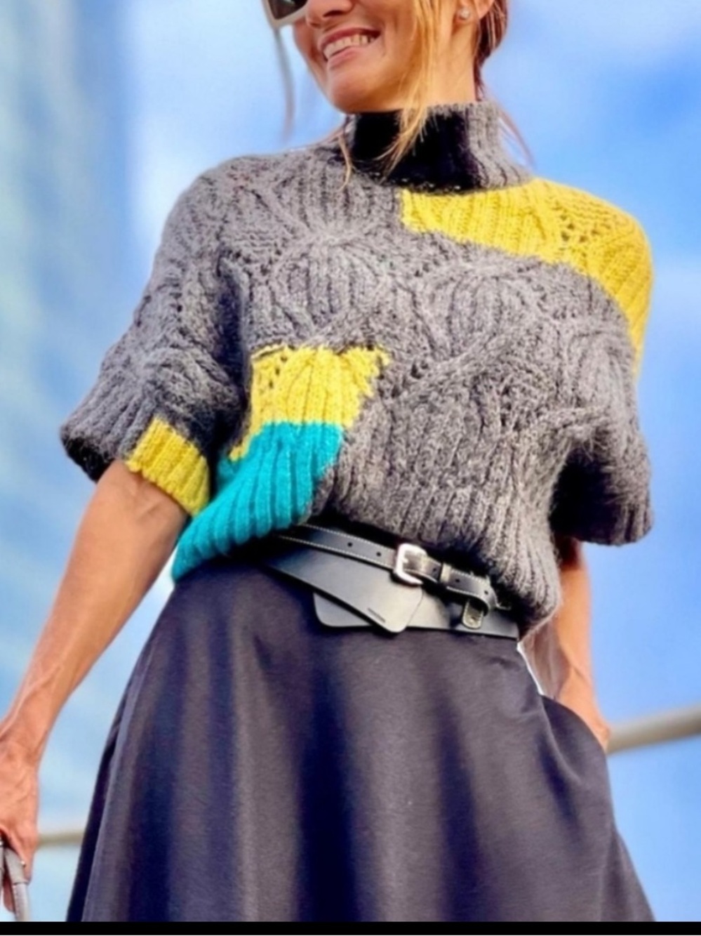 Zara Cable Knit Colorblock Mock Neck Pocho Sweater Wool Blend Cropped Size S